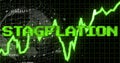 Image of stagflation text in green over green graph, globe and processing data