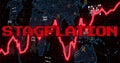 Image of stagflation text in red over graph and world map processing data