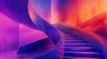 Image of a stairway, Vibrant fluid shapes blending in purples, pinks, blues, and oranges