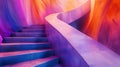 Image of a stairway, Vibrant fluid shapes blending in purples, pinks, blues, and oranges