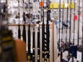 Image of stand with different fishing rods in the sports shop Royalty Free Stock Photo