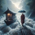 image of standing in the rain hold a umbrella at the cabin across narrow raging river.