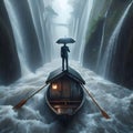 image of standing in the rain hold a umbrella at the cabin across narrow raging river.