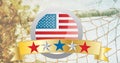 Image of stars on gold banner with american flag, over male soldier climbing assault course