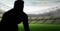 Image of stars and lets play text over rugby player with ball at stadium