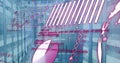 Image of statistical data processing against light trails over computer server room Royalty Free Stock Photo