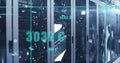 Image of statistical data processing against plexus networks over computer server room Royalty Free Stock Photo