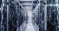 Image of statistical data processing against plexus networks trails over computer server room Royalty Free Stock Photo