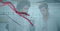 Image of statistical data processing against two diverse men discussing at office Royalty Free Stock Photo