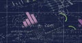 Image of statistical data processing and mathematical equations against blue background Royalty Free Stock Photo