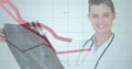 Image of statistical data processing over caucasian female doctor examining x-ray report