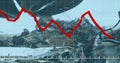 Image of statistical data processing over grid network against crane operating at junkyard Royalty Free Stock Photo