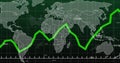 Image of statistical data processing over world map against green background