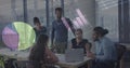 Image of statistics and data processing over students studying
