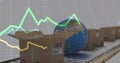 Image of statistics processing over cardboard boxes and globe on conveyor belt Royalty Free Stock Photo