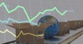 Image of statistics processing over cardboard boxes and globe on conveyor belt Royalty Free Stock Photo