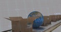Image of statistics processing over cardboard boxes and globe on conveyor belt Royalty Free Stock Photo