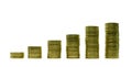 Image of step of coins stacks on white background for business economic concept