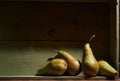 Image of Still Life with a stack of green Pears. Rustic wood background, antique wooden table