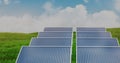 Image of stock market data processing over solar panels on grass against blue sky Royalty Free Stock Photo