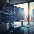 Image of a Stock Market Ticker Tape Scrolling Across a Computer Screen with Financial Charts and Data in the Background Royalty Free Stock Photo