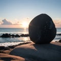 Stone Dol Hareubang in Jeju Island and panorama of sea in South Korea made with Generative AI