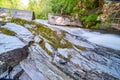 Stone jutting out of river with detail of moss and cement dam in background