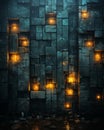 an image of a stone wall with lights on it