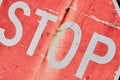 STOP, old, faded stop sign, chipped, fading red paint, metallic texture, scratched surface