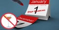 Image of stop sign and drink, with pen and quit drinking text in red on january 1 of calendar