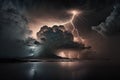Image of stormy sky with lightning and thunderclouds over sea Royalty Free Stock Photo