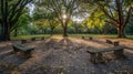 An image of a storytelling circle in a park with trees and benches providing a peaceful and nostalgic atmosphere Royalty Free Stock Photo