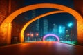 Street of a futuristic city, starting with an arch in a brick wall. Photorealistic 3D illustration. Night