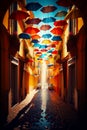 Image of street that has umbrellas hanging from the ceiling and cars parked on the side of the street. Generative AI