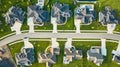 Street with nine mansions rich neighborhood roof view aerial