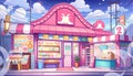 The image is of a street scene at night, featuring a pink building with multiple storefronts, a candy store, a drink stand, and a Royalty Free Stock Photo