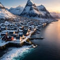 Stunning aerial view of winter Hamnoy village. Rorbu village in Lofoten islands, Norway. made with Generative AI Royalty Free Stock Photo