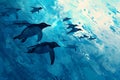 penguins gracefully swimming amidst the ethereal blue ocean depths