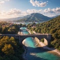 Stunning spring view of Old Mes Bridge. Gorgeous morning landscape of Shkoder. Colorful outdoor scene of Albania,