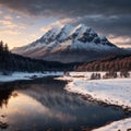 Stunning Winter panorama landscape image of mountain range viewed from Loch Ba in Scottish Highlands with dramatic Royalty Free Stock Photo