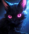 black anime cat with purple eyes, kitten generated by AI, generative assistant.