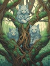 three beautiful white cats sitting on a tree garden thicket generated by AI, generative assistant.