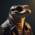 Image of stylish cool crocodile wearing sunglasses as fashion and wore a leather jacket. Modern fashion, Animals, Illustration,
