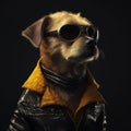 Image of stylish cool dog wearing sunglasses as fashion and wore a leather jacket. Modern fashion, Animals, Illustration,