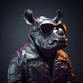 Image of stylish cool rhinoceros wearing sunglasses as fashion and wore a leather jacket. Modern fashion, Animals, Illustration,