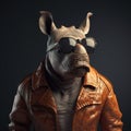 Image of stylish cool rhinoceros wearing sunglasses as fashion and wore a leather jacket. Modern fashion, Animals, Illustration,
