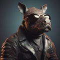 Image of stylish cool rhinoceros wearing sunglasses as fashion and wore a leather jacket. Modern fashion, Animals, Illustration,