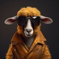 Image of stylish cool sheep wearing sunglasses as fashion and wore a leather jacket. Modern fashion, Animals, Illustration,