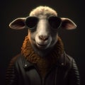 Image of stylish cool sheep wearing sunglasses as fashion and wore a leather jacket. Modern fashion, Animals, Illustration,