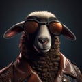 Image of stylish cool sheep wearing sunglasses as fashion and wore a leather jacket. Modern fashion, Animals, Illustration,